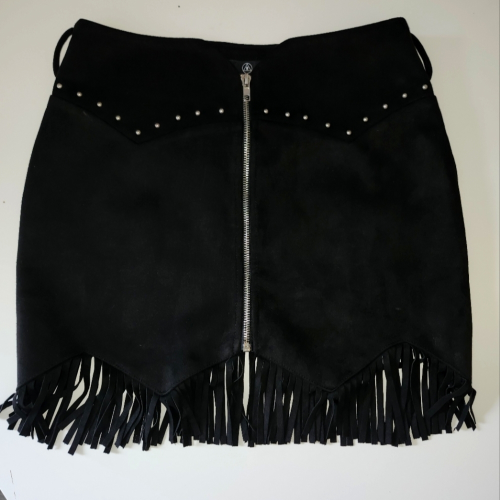 Black Faux Suede Belted Stud Detail Tassel Skirt